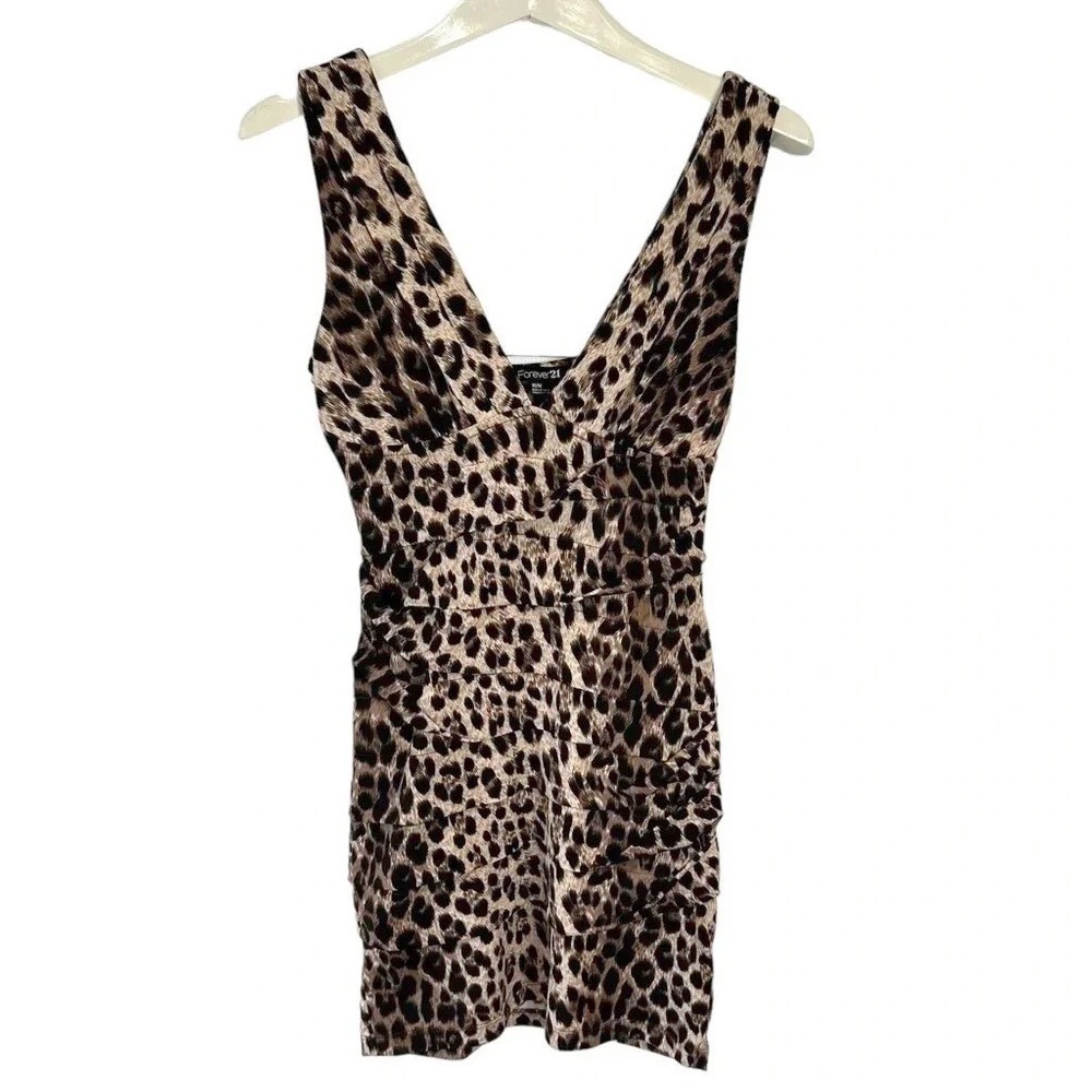 Forever 21 Mini Dress Medium Brown Leopard Print Ruched Tiered V-Neck Sleeveless